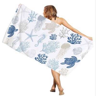 EwdeWwo Ocean Animal Microfiber Beach Towel, Summer Turtle Starfish Jellyfish Navy Blue 35" x 71" Bath Towel Quick Dry Sand Free Travel Pool Towels for Beach Chair, Sun-Bath, Camping, Vacation