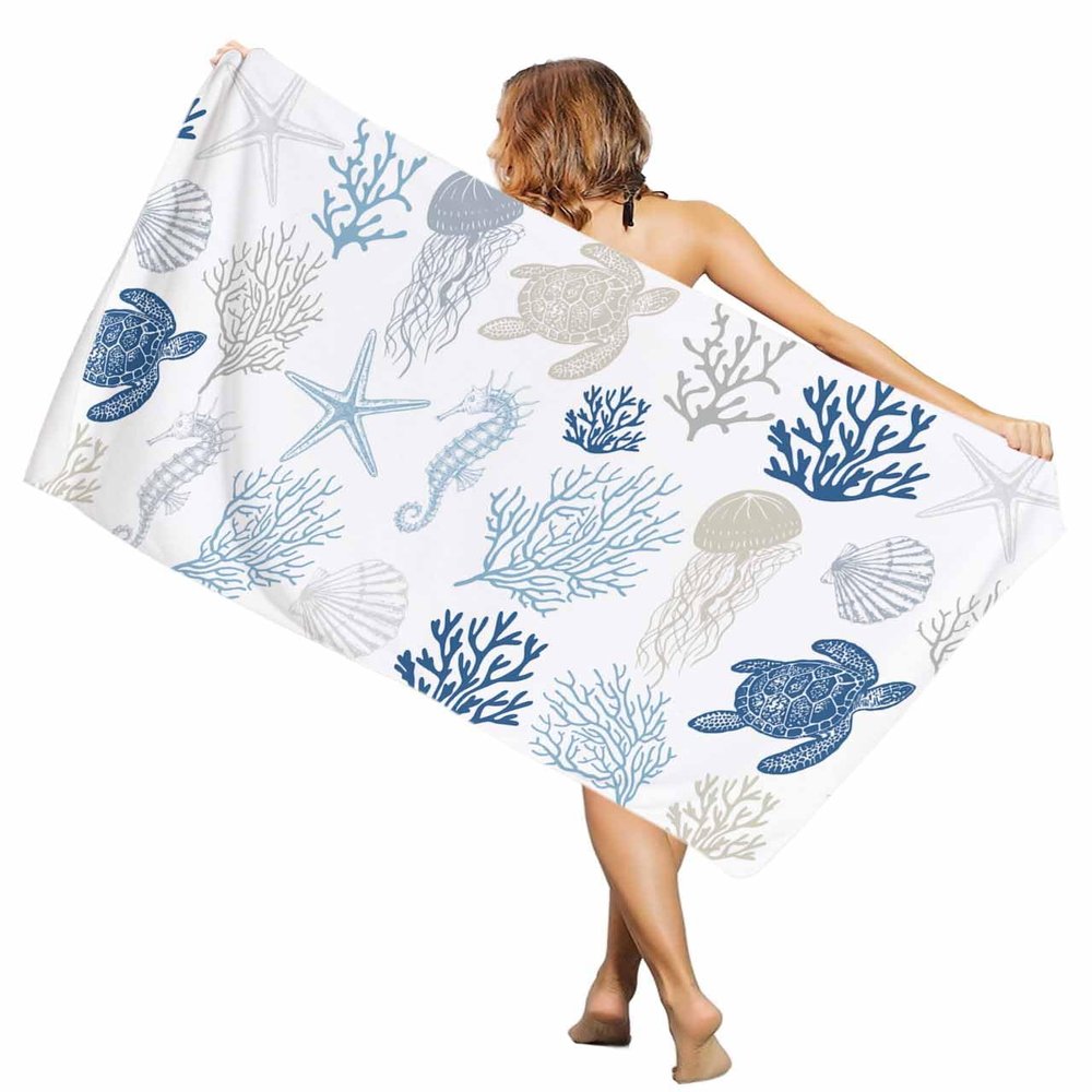 EwdeWwo Ocean Animal Microfiber Beach Towel, Summer Turtle Starfish Jellyfish Navy Blue 35" x 71" Bath Towel Quick Dry Sand Free Travel Pool Towels for Beach Chair, Sun-Bath, Camping, Vacation