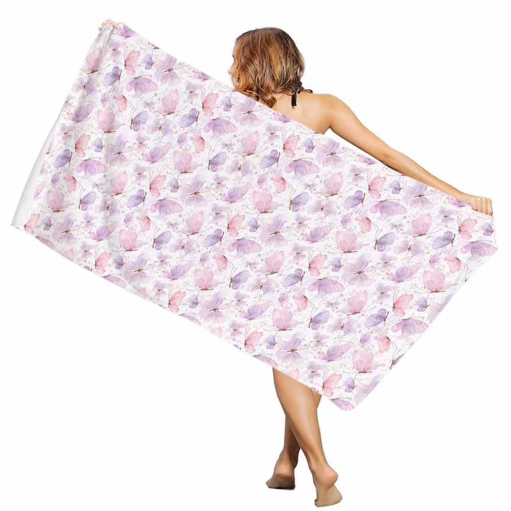 EwdeWwo Spring Microfiber Beach Towel, Nature Pink and Purple Butterfly Watercolor Style 31" x 63" Bath Towel Quick Dry Sand Free Travel Pool Towels for Beach Chair, Sun-Bath, Camping, Vacation