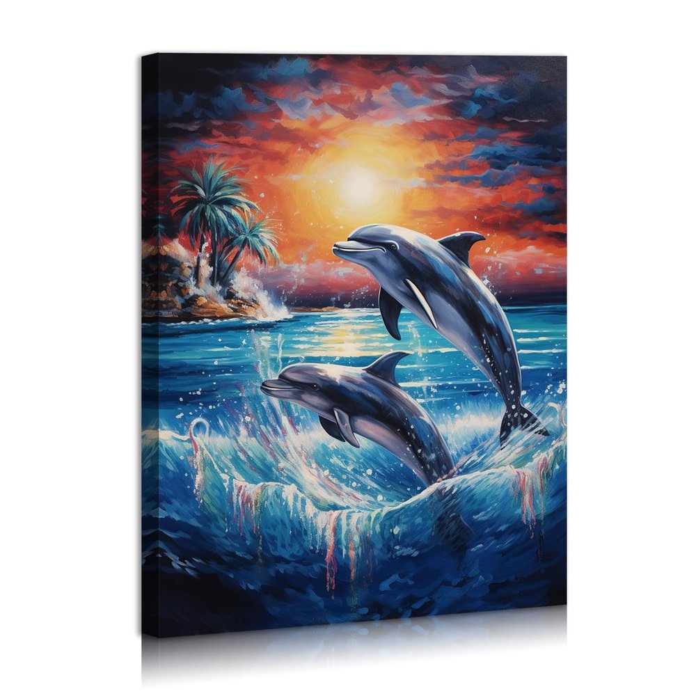 Typruye Dolphin Sunset Canvas Wall Art Animal Painting Art Decor Prints Picture of Dolphins Jumping Out of Water Framed Ready to Hang (24.00x36.00inches)