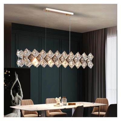 INTRIXX Modern Luxury Restaurant Chandelier Smoke Gray Crystal Design Lustre Long Hanging Lamps Indoor Dining Room Table Bar Rectangle L,Crystal Chandelier