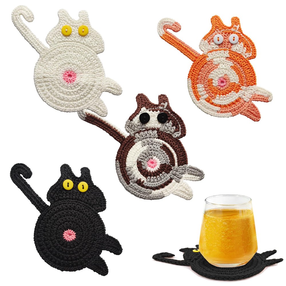 Cute Cat Cup Coasters, Gifts for Cats Lovers, Cat Coaster Woven Creative Knitted Coasters Funny Drink Insulation Coffee and Tea Coaster Table Protection Desktop Gifts (4PCS)