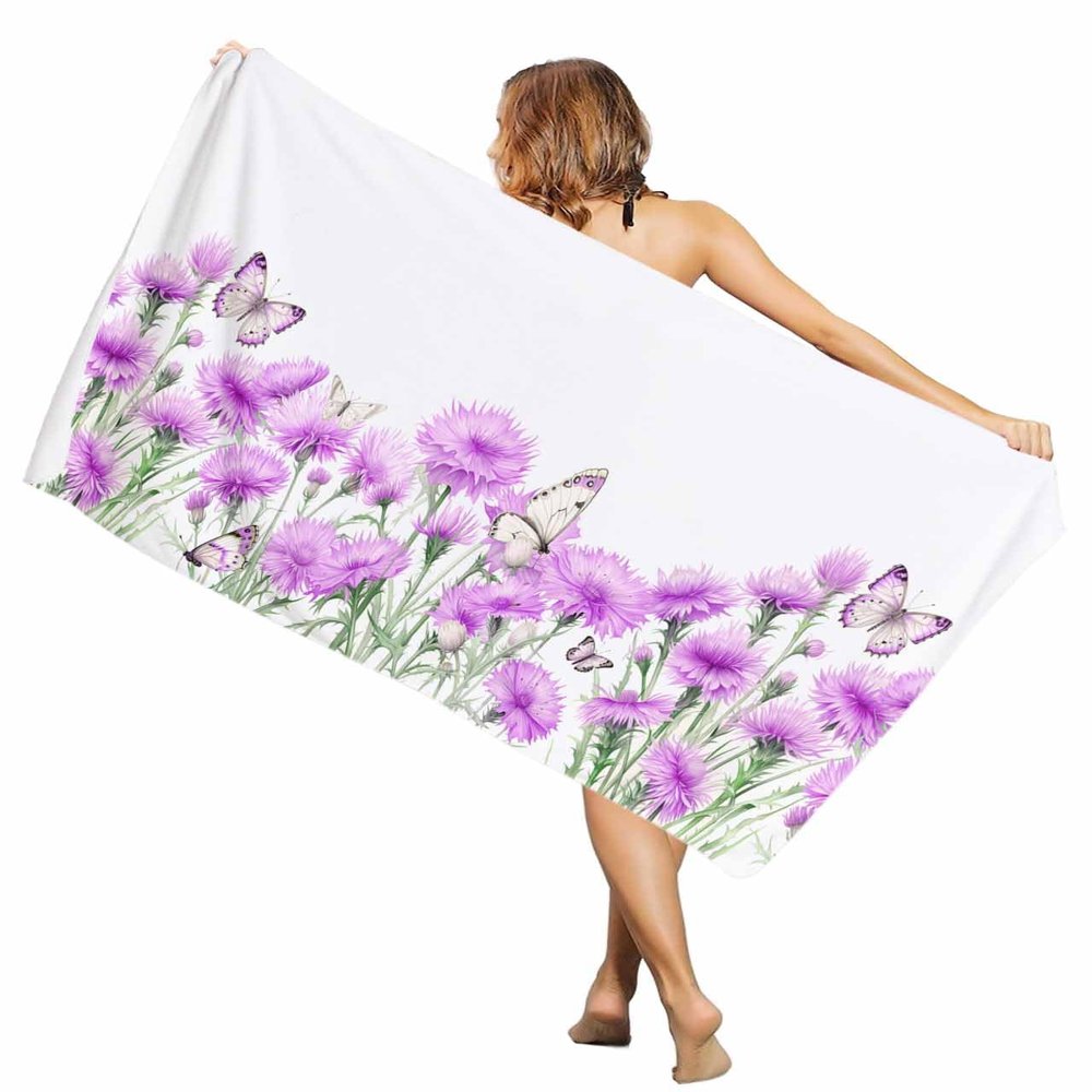 EwdeWwo Spring Microfiber Beach Towel, Farmhouse Style Plant Flowers Butterfly Purle 35" x 71" Bath Towel Quick Dry Sand Free Travel Pool Towels for Beach Chair, Sun-Bath, Camping, Vacation