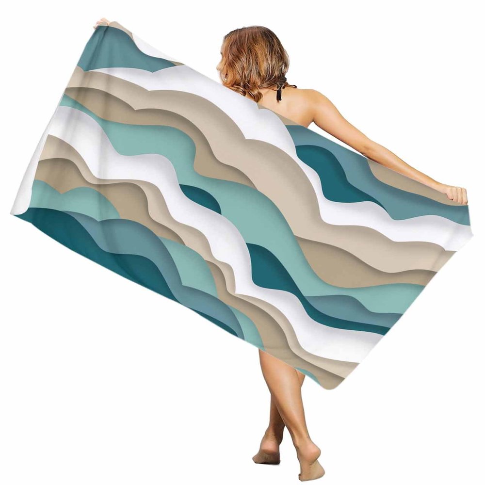 Abstract Microfiber Beach Towel, Modern Geometric Ombre Turquoise Brown Ocean Wave Stripe 31" x 63" Bath Towel Quick Dry Sand Free Travel Pool Towels for Beach Chair, Sun-Bath, Camping, Vacation