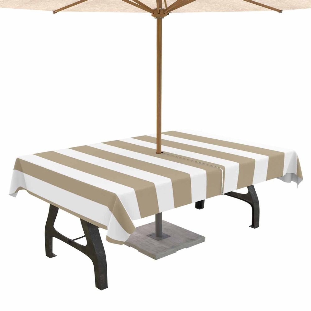 Lsrtoss Beige Striped Outdoor Tablecloth with Umbrella Hole & Zipper, Farmhouse Rectangle Tablecloth 60x102 Inch, Modern Beige White Stripes Patio Table Cover Waterproof Table Cloth for Picnic/Party