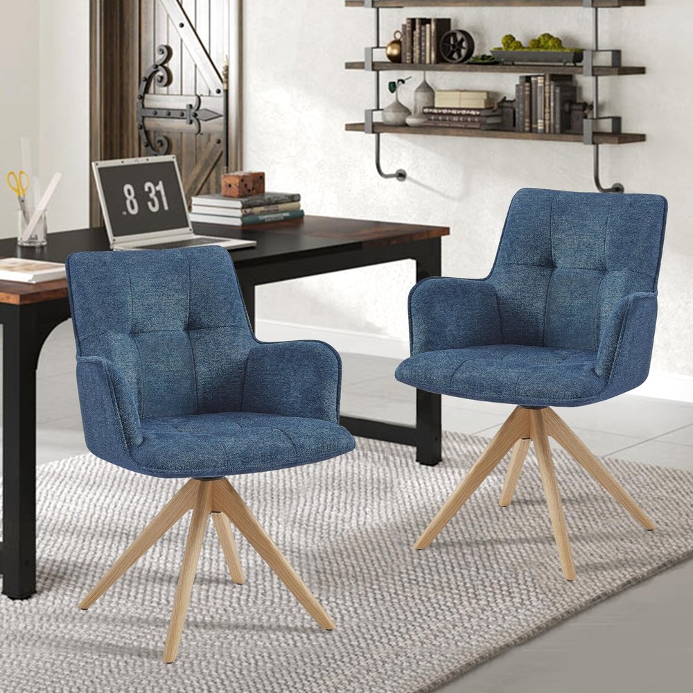 Art Leon Office Chairs Set of 2 - Mid Century Modern Desk Chair No Wheels, Fabric Upholstered Swivel Accent Chair with Oak Wood Legs, Blue