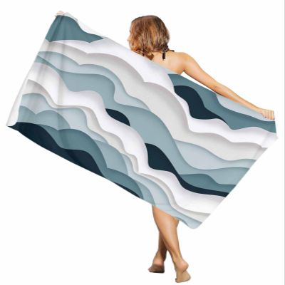 EwdeWwo Abstract Microfiber Beach Towel, Modern Geometric Ombre Blue Gray Ocean Wave Stripe 35" x 71" Bath Towel Quick Dry Sand Free Travel Pool Towels for Beach Chair, Sun-Bath, Camping, Vacation