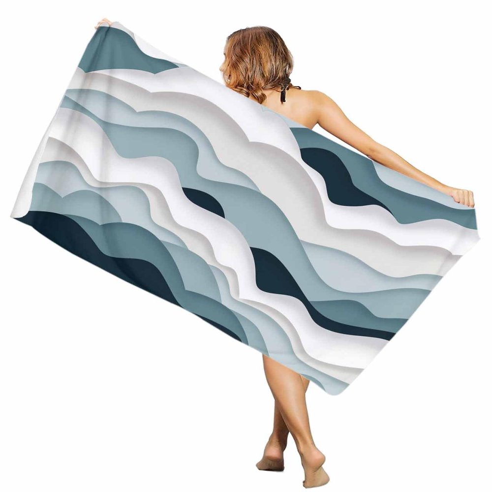 EwdeWwo Abstract Microfiber Beach Towel, Modern Geometric Ombre Blue Gray Ocean Wave Stripe 35" x 71" Bath Towel Quick Dry Sand Free Travel Pool Towels for Beach Chair, Sun-Bath, Camping, Vacation