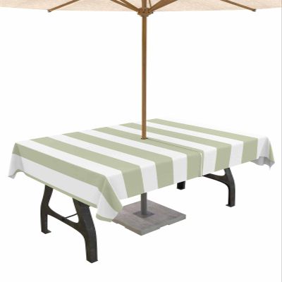Lsrtoss Sage Green Striped Outdoor Tablecloth with Umbrella Hole & Zipper, Farmhouse Rectangle Tablecloth 60x84 Inch, Modern Sage Green White Stripes Patio Table Cover Waterproof Table Cloth