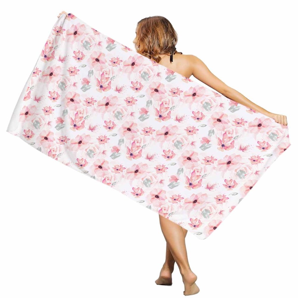 EwdeWwo Spring Floral Microfiber Beach Towel, Nature Plant Pink Flowers Watercolor Style 31" x 63" Bath Towel Quick Dry Sand Free Travel Pool Towels for Beach Chair, Sun-Bath, Camping, Vacation