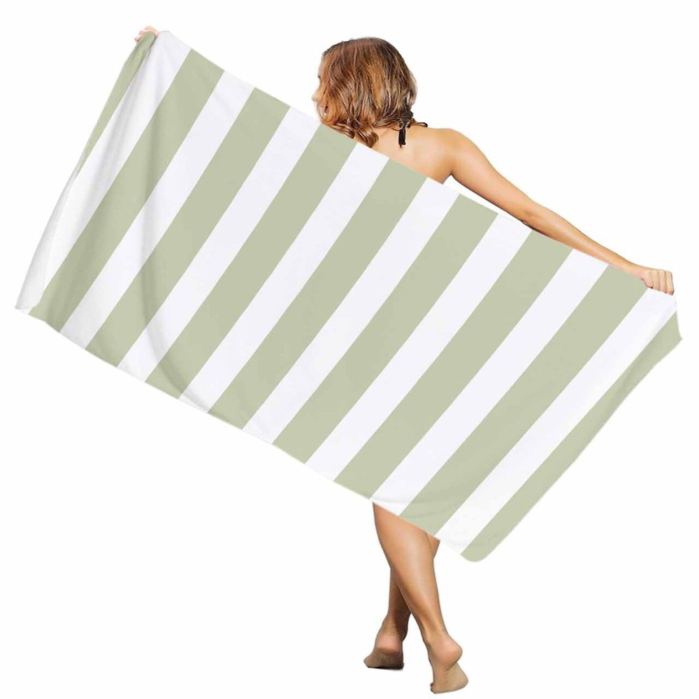 EwdeWwo Stripes Microfiber Beach Towel, Sage Green and White Stripes 35" x 71" Bath Towel Quick Dry Sand Free Travel Pool Towels for Beach Chair, Sun-Bath, Camping, Vacation