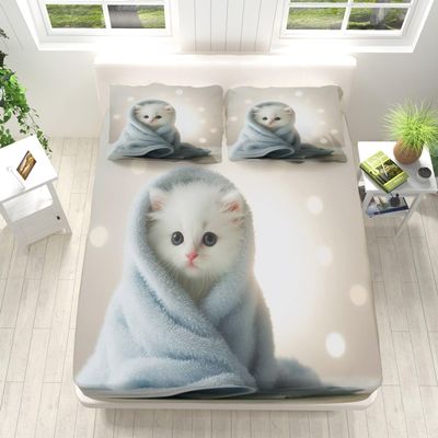 White Sheet Sets Queen Size Cute Starlight Animal Cat Bedding Set Teens Girls Boys Fitted Sheet Microfiber Home Decor for Women Men Western Bedroom 4 Pcs (1 Fitted, 1 Flat, 2 Pillowcases)