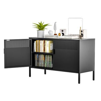 Ustamio Black Wide Metal Locker Storage Cabinet, 2 Door Accent Cabinet for Home and Office, 2 Tier Low Metal Cabinet With Doors and Shelf, Multipurpose TV Stand