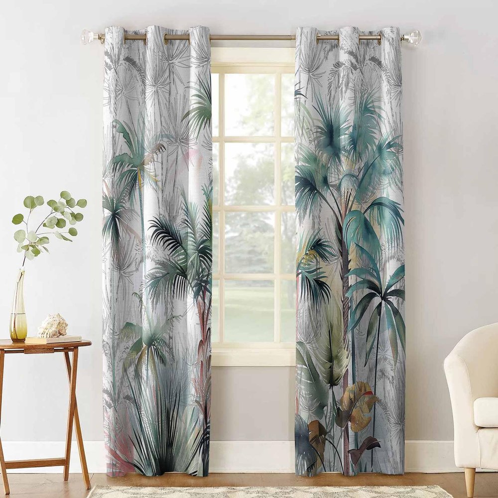 Teal Green Palm Tree Blackout Curtains 45 Inches Long for Bedroom,Thermal Insulated Living Room Darkening Black Out Window Panels Grommet Drape,Summer Tropical Coconut Plant Modern White 104x45