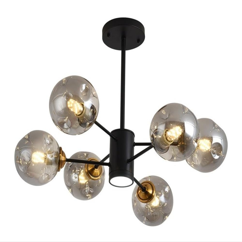 DXYC Mid-Century Black Gold Ceiling Pendant Light, Modern Industrial Sputnik Chandelier, Round Bubble Chandelier with Amber Smoke Glass for Dining Room, Bedroom, Living Room(6 Lights,Smoke Gray)