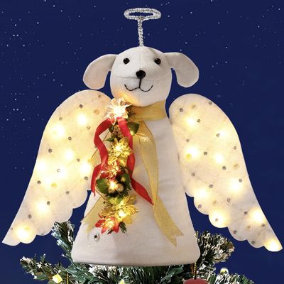 iHeartDogs Christmas Tree Topper Decoration - The Original Dog Christmas Miracle Angel Dog Tree Topper LED Lighted Poinsettia Garland & Wings Decor Ornament, Holiday Decoration