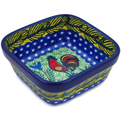 Polmedia Polish Pottery Square Bowl 4-inch UNIKAT - Rooster Parade Pattern Handmade in Boleslawiec Poland by Ceramika Artystyczna + Certificate of Authenticity