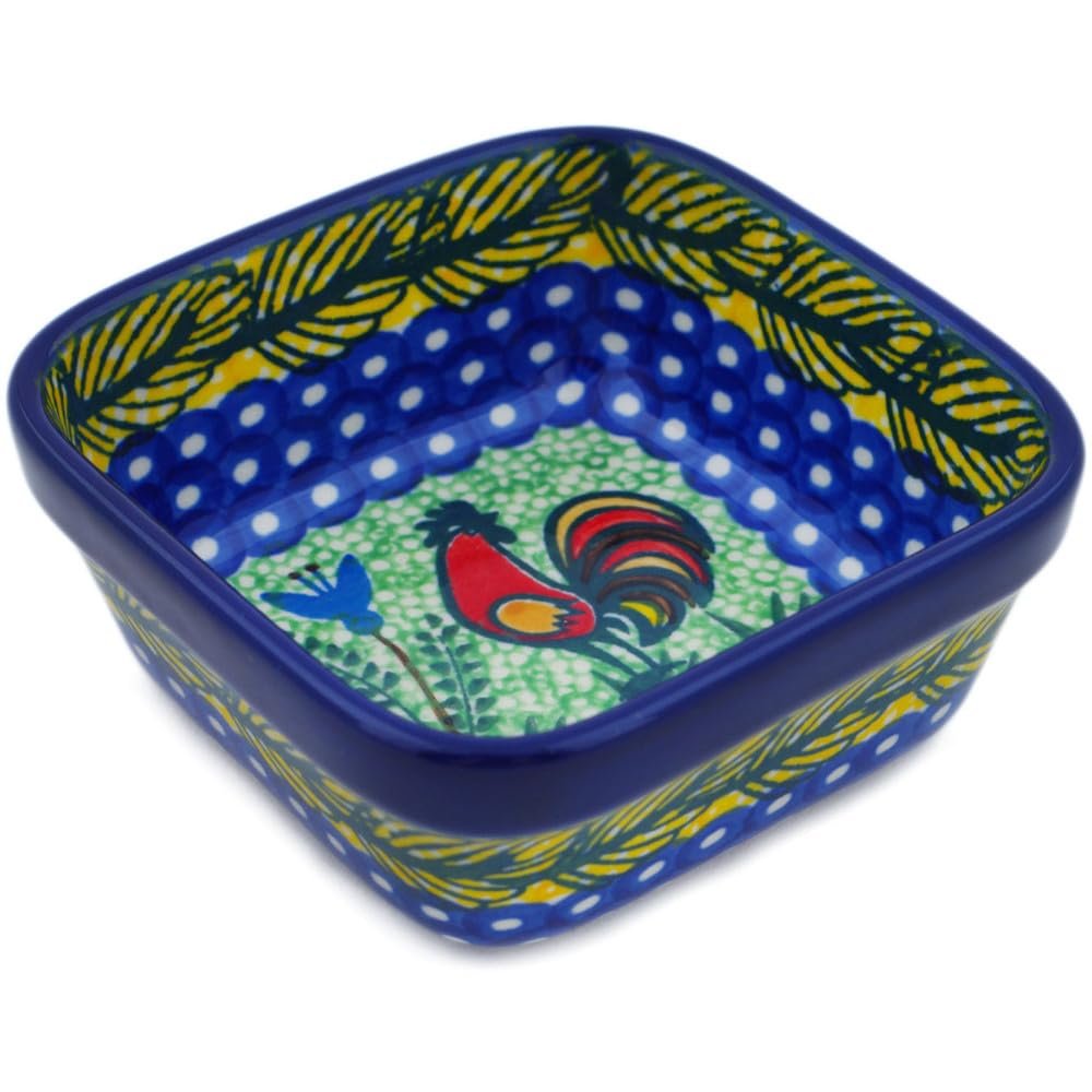 Polmedia Polish Pottery Square Bowl 4-inch UNIKAT - Rooster Parade Pattern Handmade in Boleslawiec Poland by Ceramika Artystyczna + Certificate of Authenticity