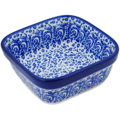 Polmedia Polish Pottery Square Bowl 4-inch UNIKAT - Raindrops Pattern Handmade in Boleslawiec Poland by Ceramika Artystyczna + Certificate of Authenticity