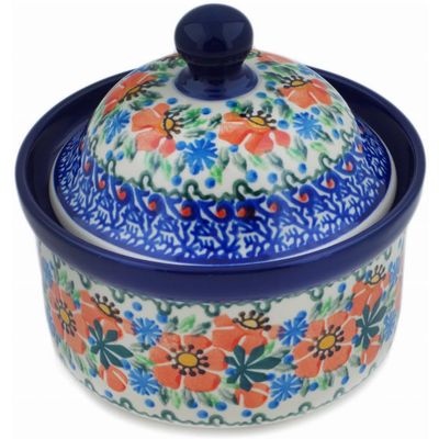 Polmedia Polish Pottery Jar with Lid UNIKAT - Orange Blooms Pattern Handmade in Boleslawiec Poland by Ceramika Artystyczna + Certificate of Authenticity