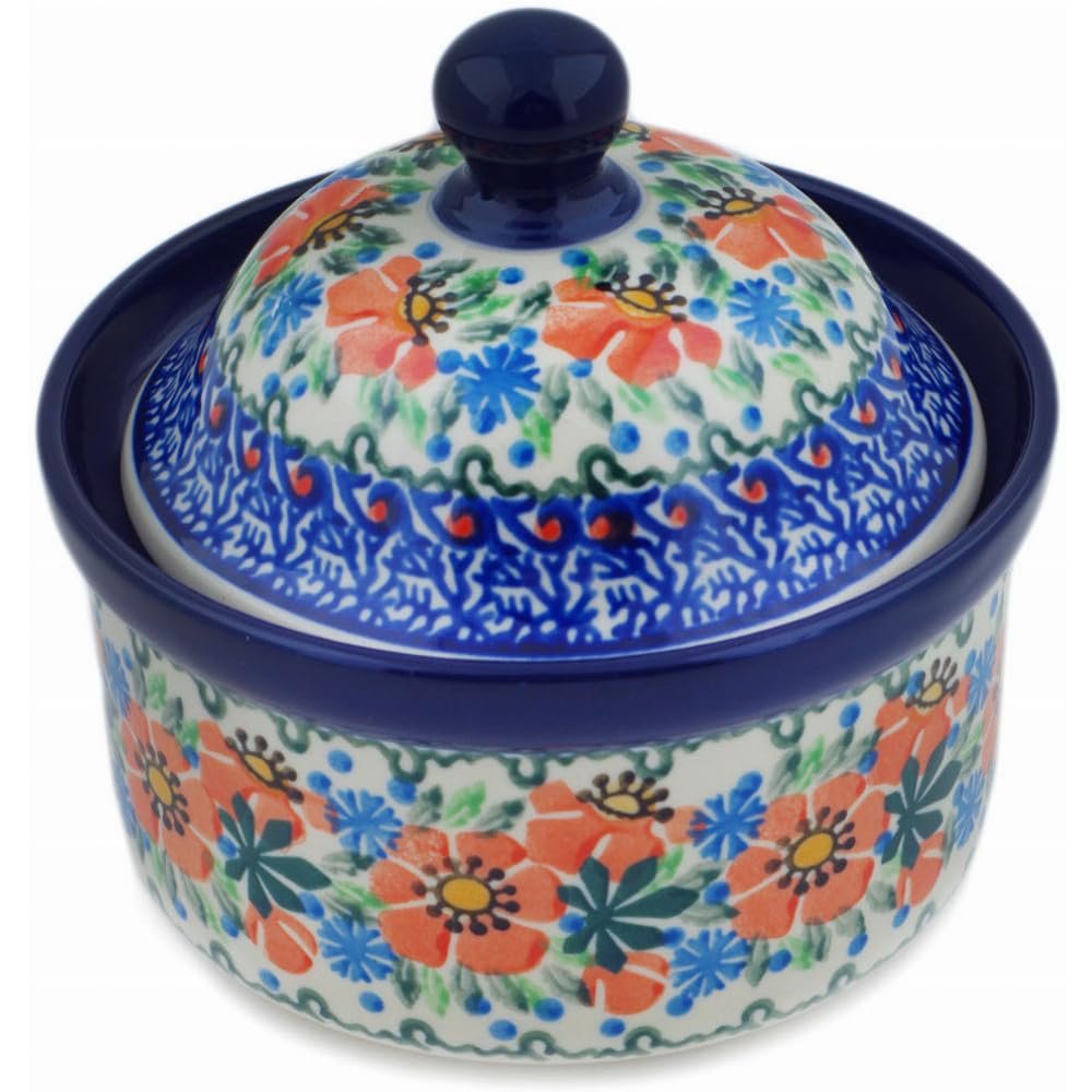 Polmedia Polish Pottery Jar with Lid UNIKAT - Orange Blooms Pattern Handmade in Boleslawiec Poland by Ceramika Artystyczna + Certificate of Authenticity