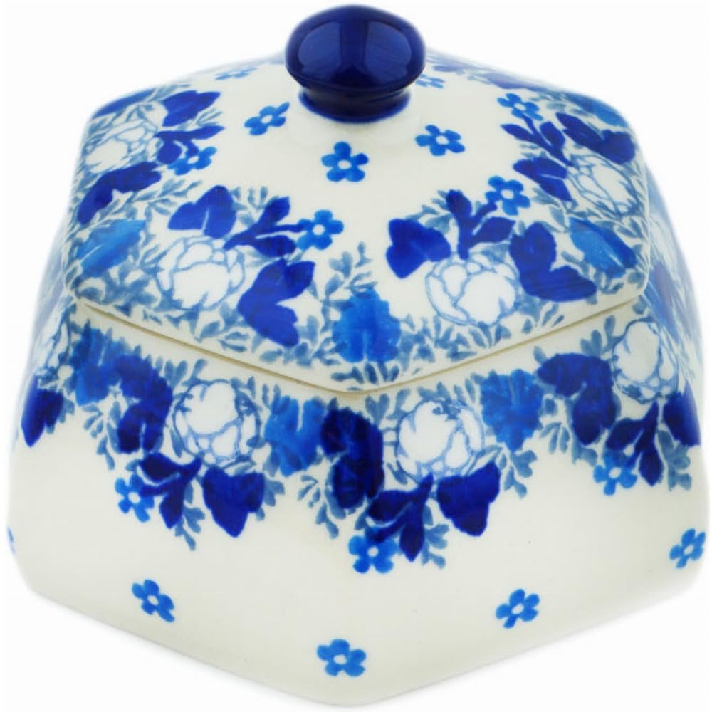 Polmedia Polish Pottery Jar with Lid - Blue Spring Pattern Handmade in Boleslawiec Poland by Ceramika Artystyczna + Certificate of Authenticity