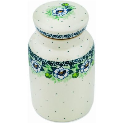 Polmedia Polish Pottery Jar with Lid - Green Flora Pattern Handmade in Boleslawiec Poland by Ceramika Artystyczna + Certificate of Authenticity