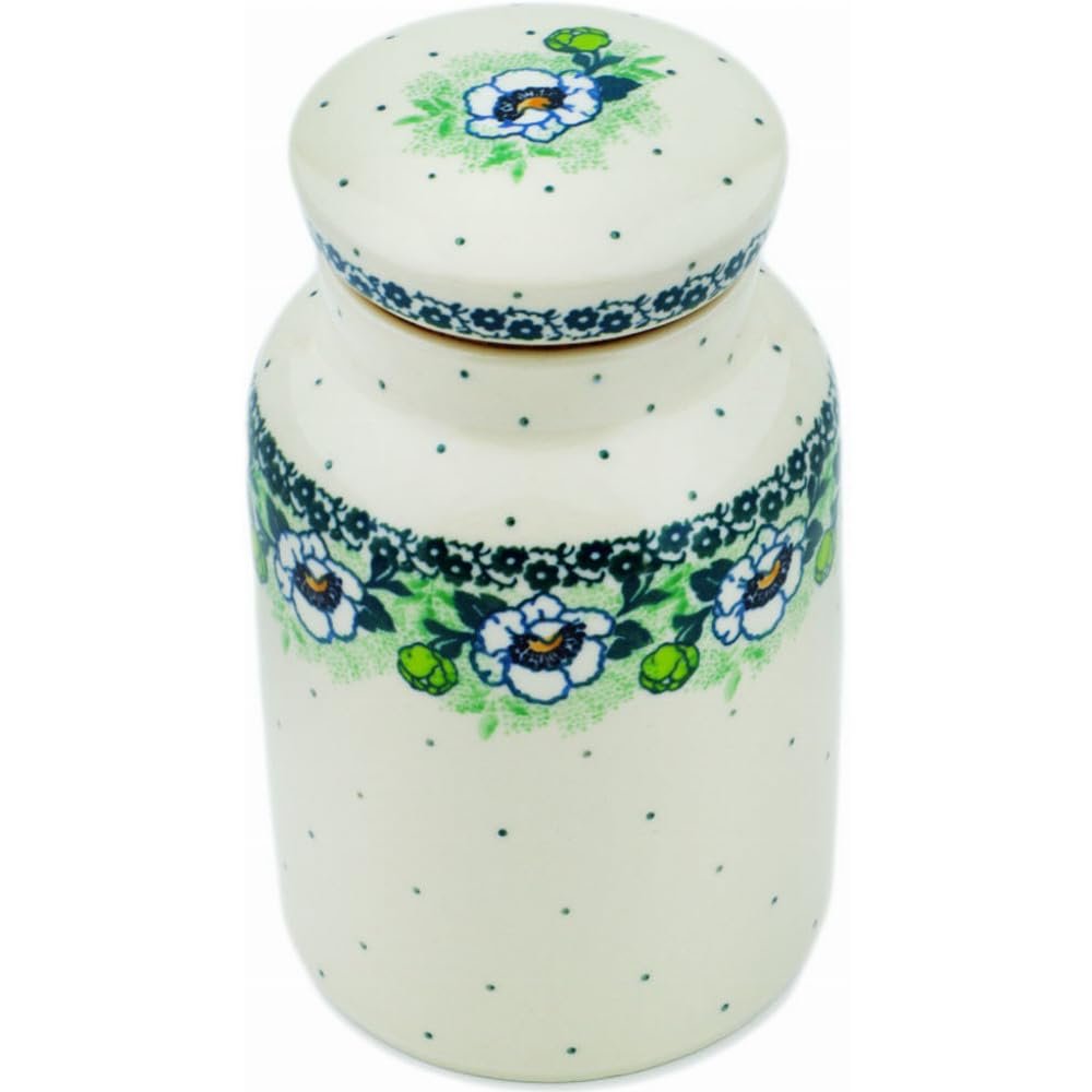 Polmedia Polish Pottery Jar with Lid - Green Flora Pattern Handmade in Boleslawiec Poland by Ceramika Artystyczna + Certificate of Authenticity