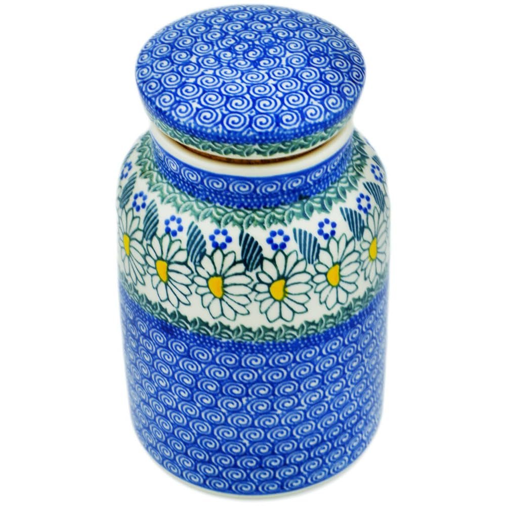 Polmedia Polish Pottery Jar with Lid - Crazy Daisy Pattern Handmade in Boleslawiec Poland by Ceramika Artystyczna + Certificate of Authenticity