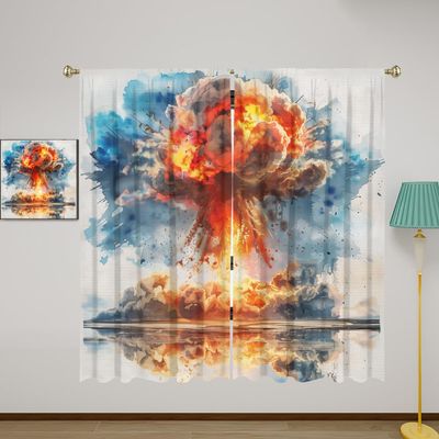 Atomic Bomb Explosion Blackout Curtains for Girls Boy Home Decor, Apocalypse Destroy Blue Ocean Rod Pocket Thermal Insulated Drapes Darkening Window Curtain for Bedroom Living Room, 42 x 63 Inch