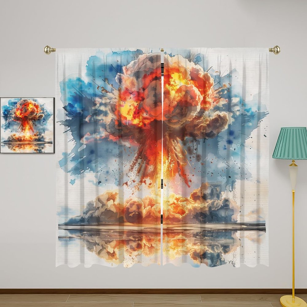 Atomic Bomb Explosion Blackout Curtains for Girls Boy Home Decor, Apocalypse Destroy Blue Ocean Rod Pocket Thermal Insulated Drapes Darkening Window Curtain for Bedroom Living Room, 42 x 63 Inch