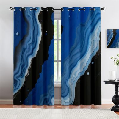 Sea Blue Marble Pattern Blackout Curtains for Bedroom, Golden Abstract Background Texture Window Treatment, Grommet Thermal Insulated Drapes, for Office Kitchen Living Room (52"W x 63"L ) x 2