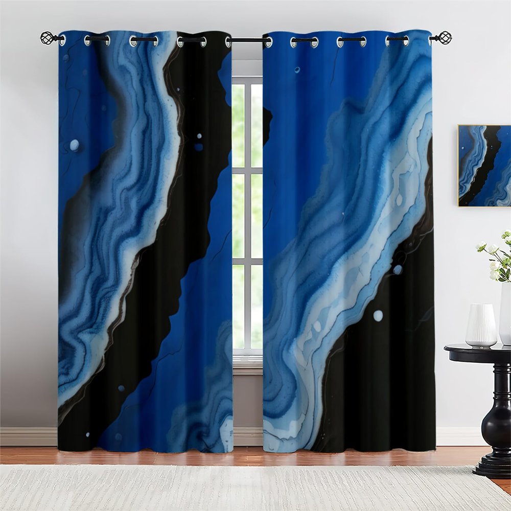Sea Blue Marble Pattern Blackout Curtains for Bedroom, Golden Abstract Background Texture Window Treatment, Grommet Thermal Insulated Drapes, for Office Kitchen Living Room (52"W x 63"L ) x 2