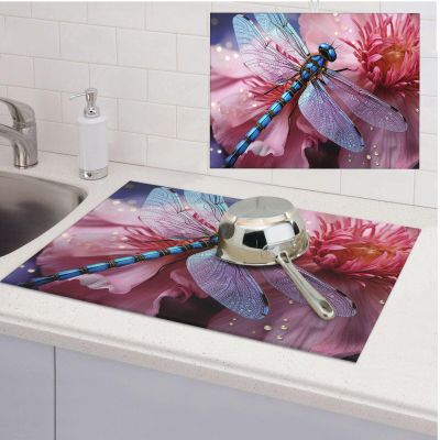 Dish Drying Mat Absorbent Drying Mats for Kitchen 18" 24" Pink flower and blue dragonfly Drying Mat Counter Dish Drainer Mats Non-slip Coffee Mat Dish Drying Pads for Rack Draining