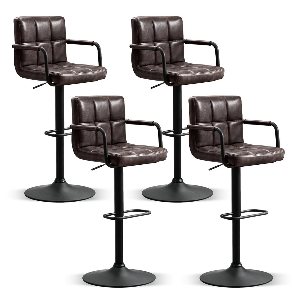 Furniliving Swivel Bar Stools Set of 4, Adjustable Kitchen Counter Height BarStools with Arms, PU Leather Upholstered Bar Chair with Back and Footrest for Dining Room, Kitchen, Pub, Bar (Blackbrown)