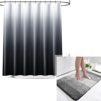 OLANLY Ombre Bath Rug and Shower Curtain, Bath Rug Size 36x24 in Grey and Shower Curtain 72x72 in Black Grey, 2 Item Bundle
