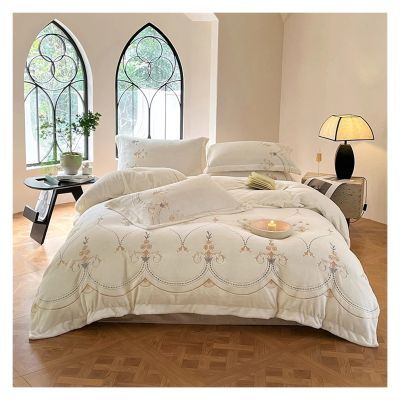 GLAMDIA Bed, European Luxury Embroidery Bedding Set Thread Count Super Soft Elastic Winter Thickened Warmth Velvet Fleece Duvet Cover Set Bed Sheet Pillowcases, King, White, MM-102
