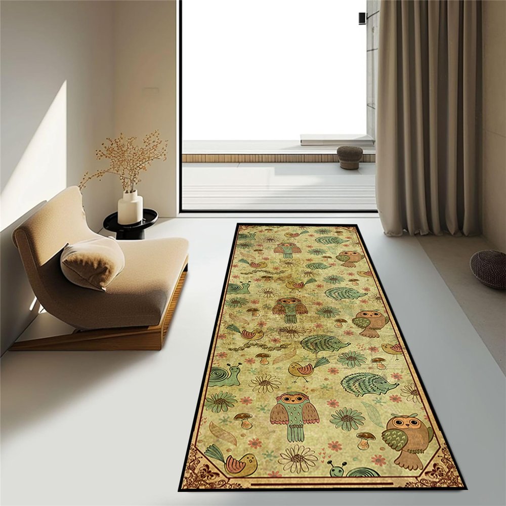 Srocvi Cartoon Long Rug Cute Cartoon Contemporary Animal Owl Bird Snail and Mushroom Printed Rug for Children's Room Shabby Chic Non-Skid Washable Foldable Large Area Mat for Nursery Dorm, 3.3x12ft