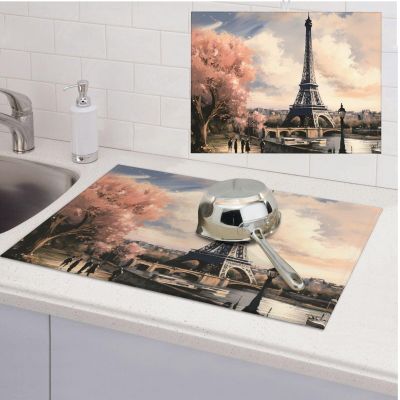 Dish Drying Mat Absorbent Drying Mats for Kitchen 18" 24" Vintage Style Eiffel Tower Paris Drying Mat Counter Dish Drainer Mats Non-slip Coffee Mat Dish Drying Pads for Rack Draining