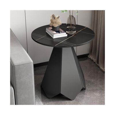 RENEESME Sofa Round Side Table End Table with Sintered Stone Top and Metal Base, Modern Bedside Small Coffee Table for Living Room Bedroom Small Space Sofas for Living Room(Color:Black)