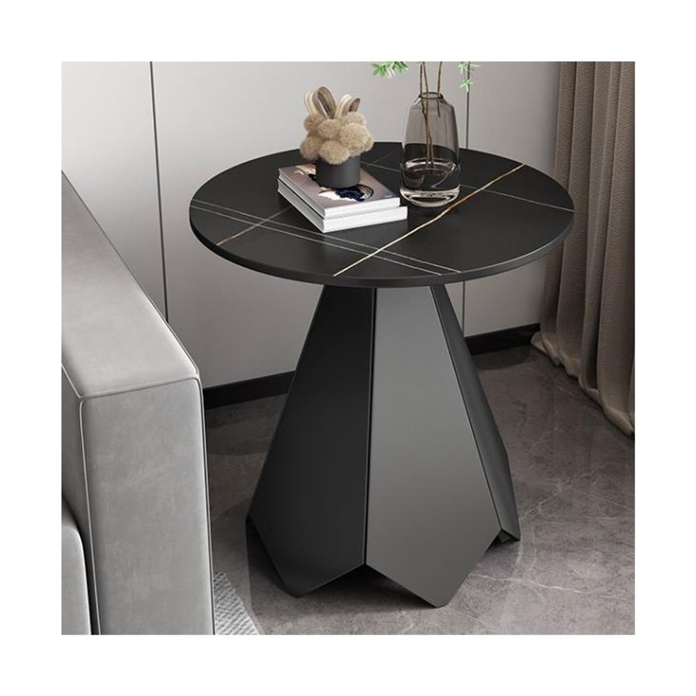 RENEESME Sofa Round Side Table End Table with Sintered Stone Top and Metal Base, Modern Bedside Small Coffee Table for Living Room Bedroom Small Space Sofas for Living Room(Color:Black)