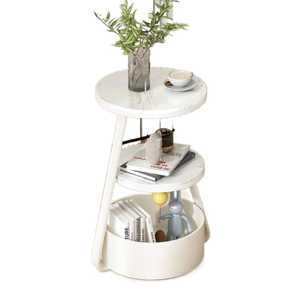 RENEESME Sofa Round End Table, 3-Tier Side Table Accent Table with Storage Basket and 2 Tier Storage Shelf, Modern Bedside Sofa Coffee Table for Living Room, Bedroom Sofas for Living Room, White