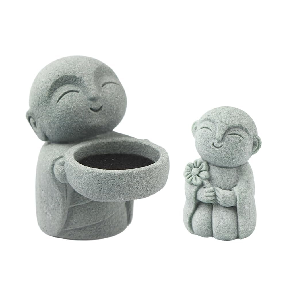 SHIDXIB 2Pcs Buddha Sandstone Statues Zen Monk Buddha Statue Praying Sculptures Ornament for Wealth Good Luck Feng Shui Decor Home Office Car Decoration