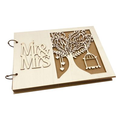 Rustic Style Wooden Guest Book Reception Sign in Guestbook with 40 White Pages Hollow Carving Visitors Book for Wedding Reception Bridal Shower Baby Shower Quinceanera(Mrmrs tree)