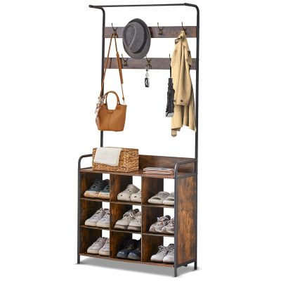 IRCPEN Coat Rack, Hall Tree with Shoe Bench for Entryway, 3-in-1 Shoe Racks With 7 Hooks/9 Shoe Racks/One Hanging Rod 31.5 D x 11.81 W x 70.87 H Antique Brown Black