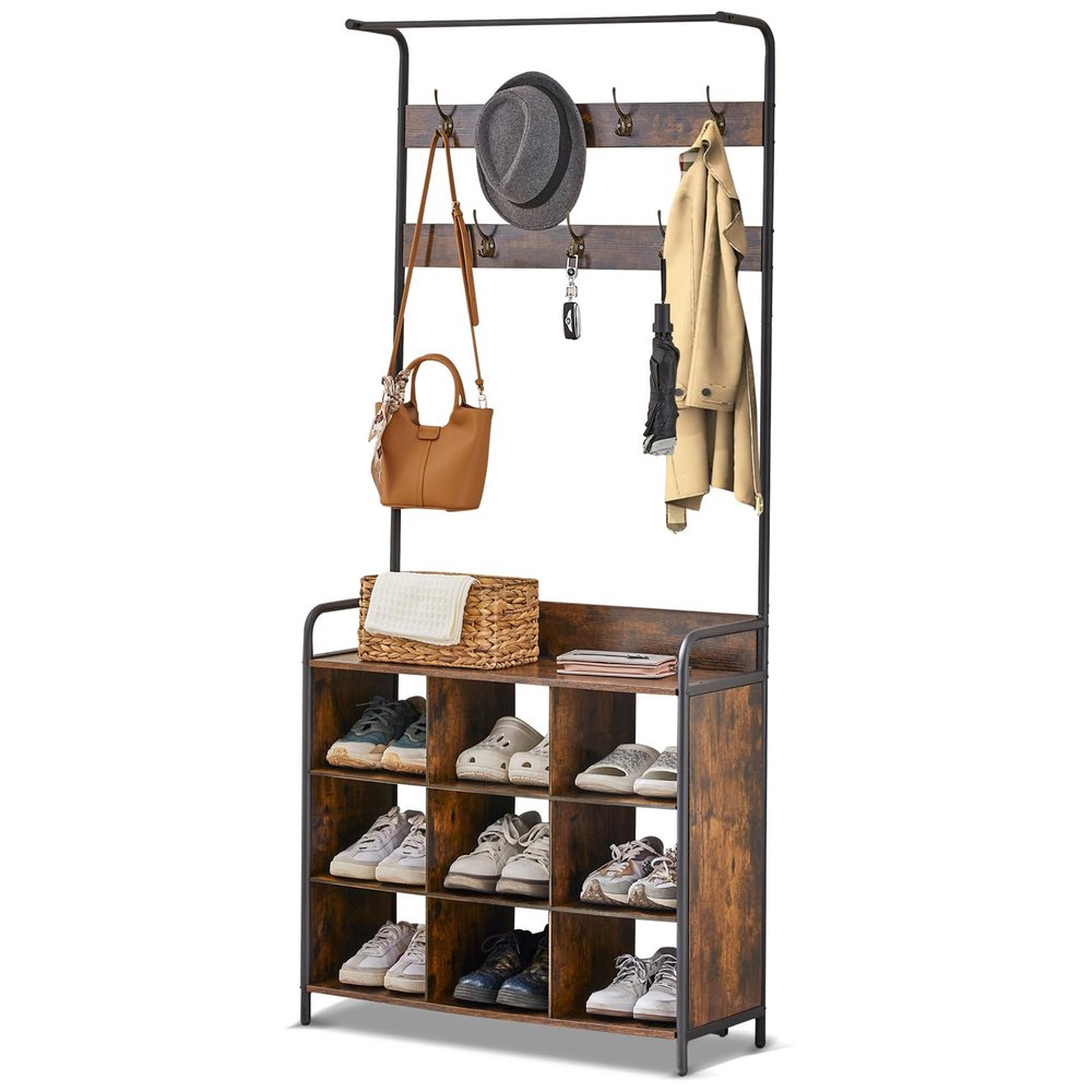 IRCPEN Coat Rack, Hall Tree with Shoe Bench for Entryway, 3-in-1 Shoe Racks With 7 Hooks/9 Shoe Racks/One Hanging Rod 31.5 D x 11.81 W x 70.87 H Antique Brown Black