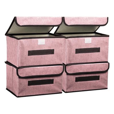 PATIKIL Fabric Collapsible Storage Bin 10.2 x 7.5 x 6.3 Inch, 4 Pcs Foldable Storage Box Cube with Lids and Handle Organizer Container for Home Bedroom Closet Clothes, Pink