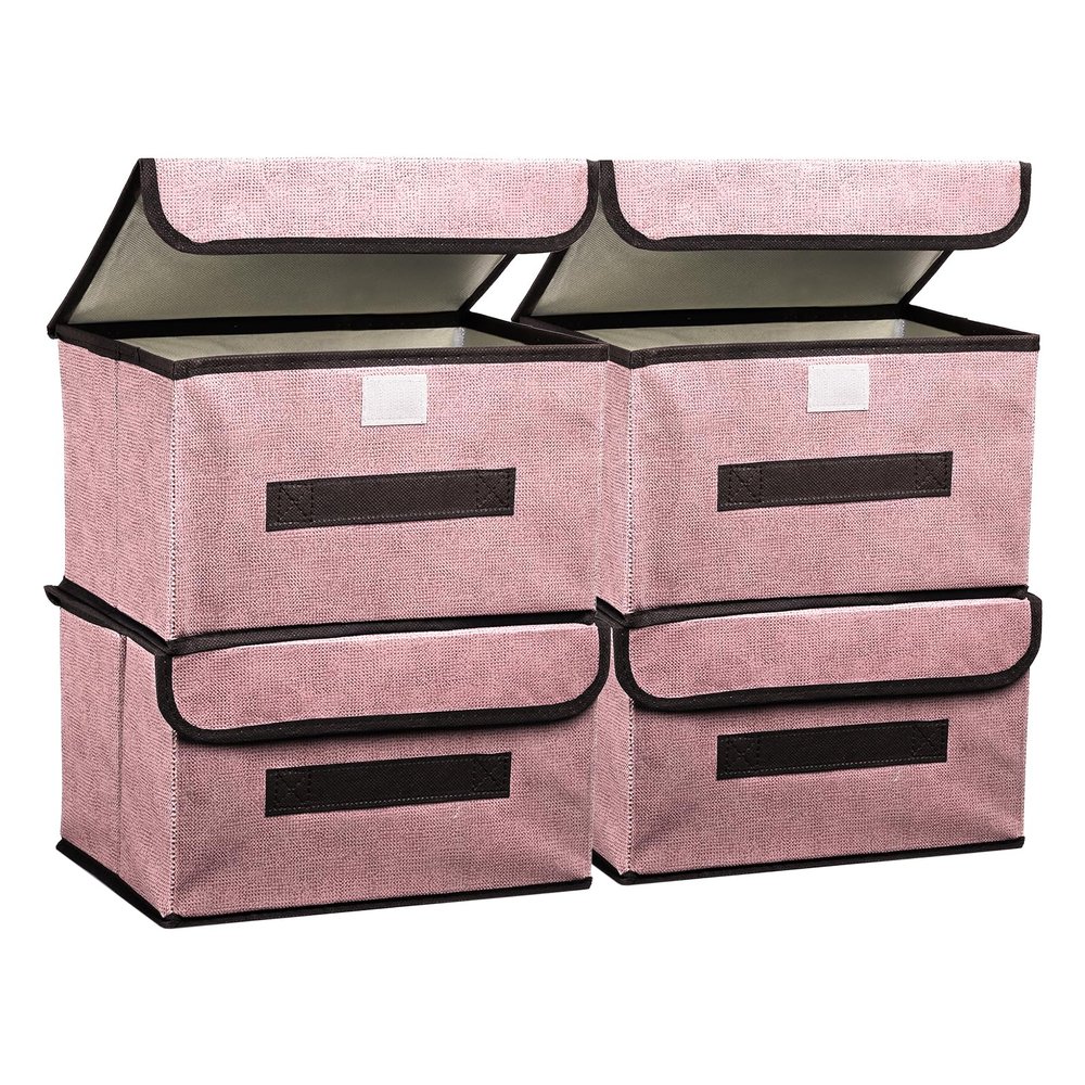 PATIKIL Fabric Collapsible Storage Bin 10.2 x 7.5 x 6.3 Inch, 4 Pcs Foldable Storage Box Cube with Lids and Handle Organizer Container for Home Bedroom Closet Clothes, Pink