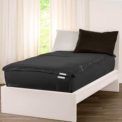 Zip On Sheets Queen Size Zipper Fitted Sheets - Includes 2 Zip-On Sheets & 1 Fitted Sheet Base - 14 Inch Deep Pockets - Extra Soft & Breathable Cotton 600 TC Fitted Sheet - Black
