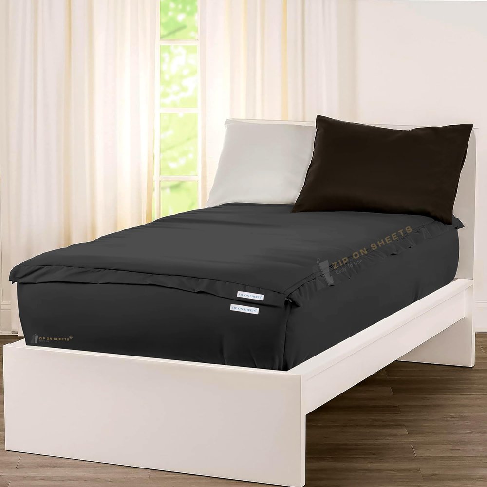 Zip On Sheets Queen Size Zipper Fitted Sheets - Includes 2 Zip-On Sheets & 1 Fitted Sheet Base - 14 Inch Deep Pockets - Extra Soft & Breathable Cotton 600 TC Fitted Sheet - Black